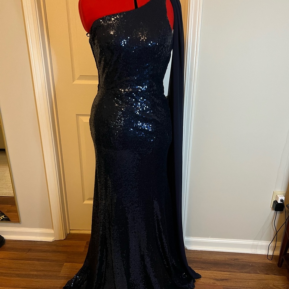 Blue Asymmetrical Embellished One Shoulder Gown